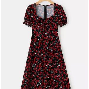 Cherry print puff sleeve milkmaid style dress
